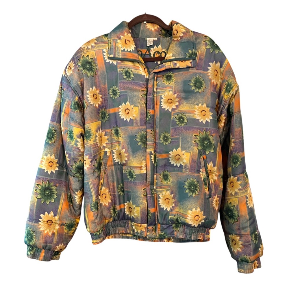 Vintage COACO SILK BOMBER PUFFER Zip-Up Track Jacket Coat FLORAL BLUE/MULTI sz L